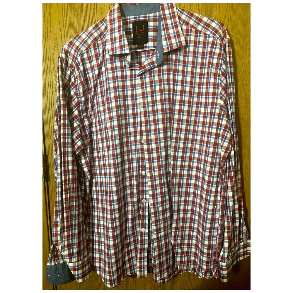 Linea Uomo Stretch Mens XXL Red/BluePlaid Button Up Long Sleeve Dress Shirt